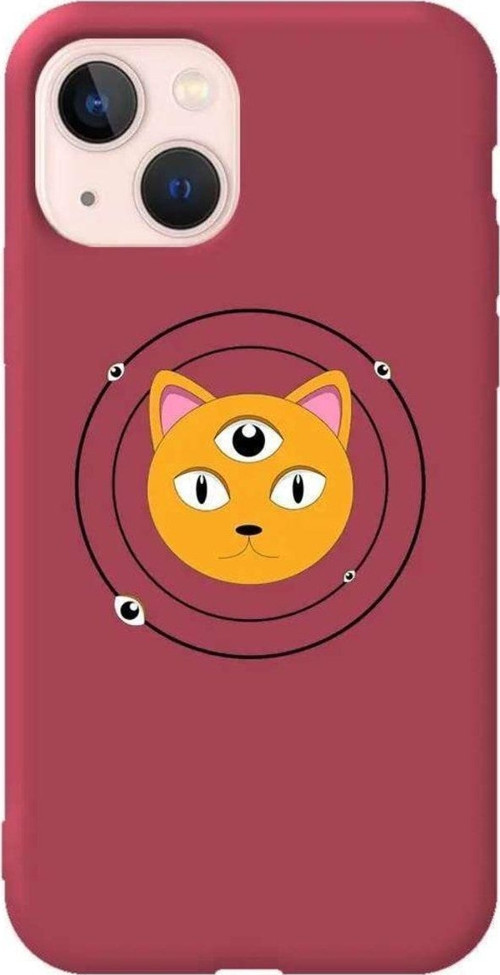 İphone 14 Plus Bordo Renkli Silikon Telefon Kılıfı - Üç Gözlü Kedi