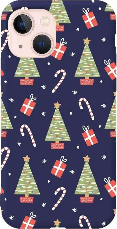 İphone 14 Plus Lacivert Renkli Silikon Telefon Kılıfı - Christmas Candy