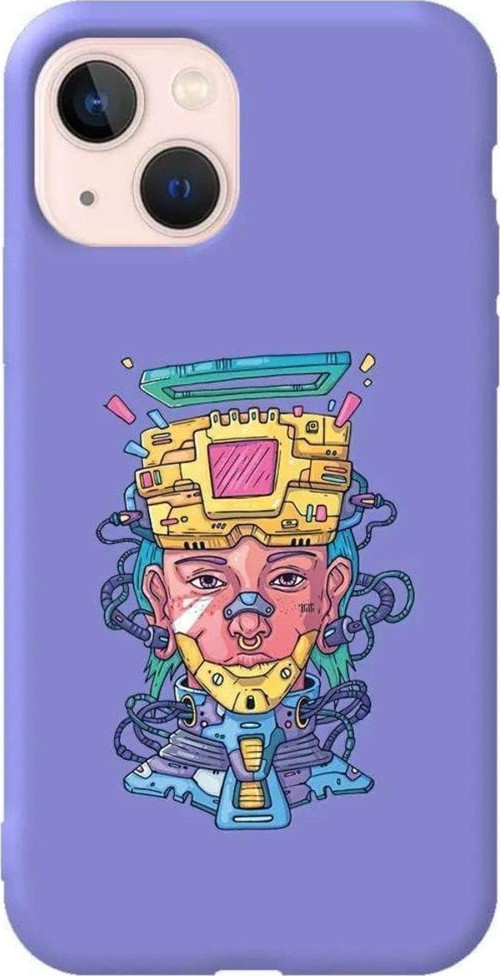 İphone 14 Plus Lila Renkli Silikon Telefon Kılıfı - Cyberpunk