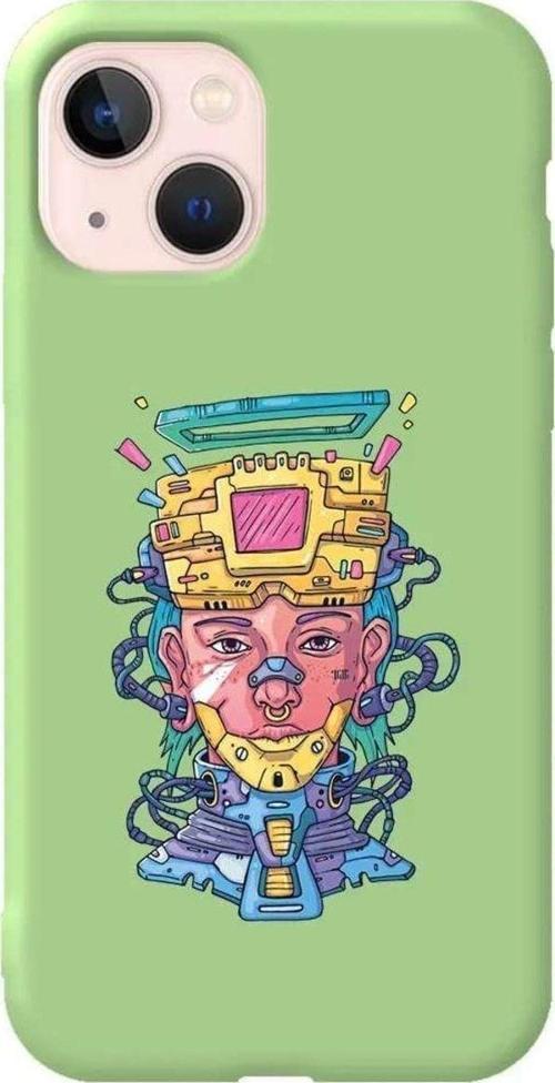 İphone 14 Açik Yesil Renkli Silikon Telefon Kılıfı - Cyberpunk