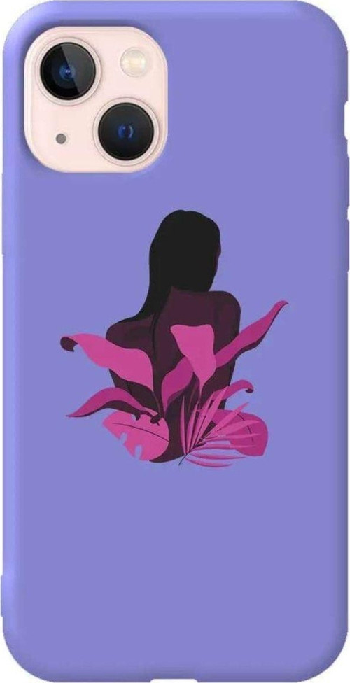 İphone 14 Plus Lila Renkli Silikon Telefon Kılıfı - Mor Cicek