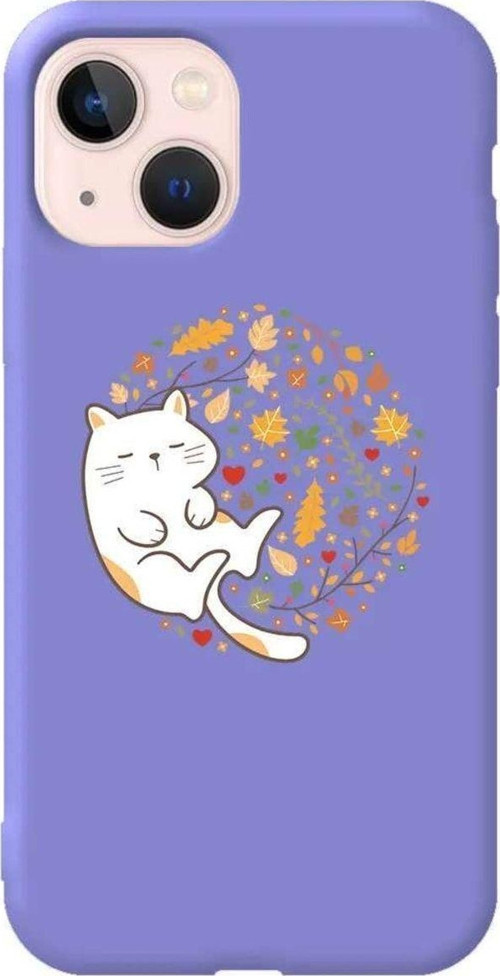 İphone 14 Plus Lila Renkli Silikon Telefon Kılıfı - Uyuyan Kedi