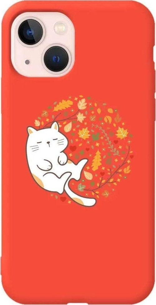 İphone 14 Plus Turuncu Renkli Silikon Telefon Kılıfı - Uyuyan Kedi