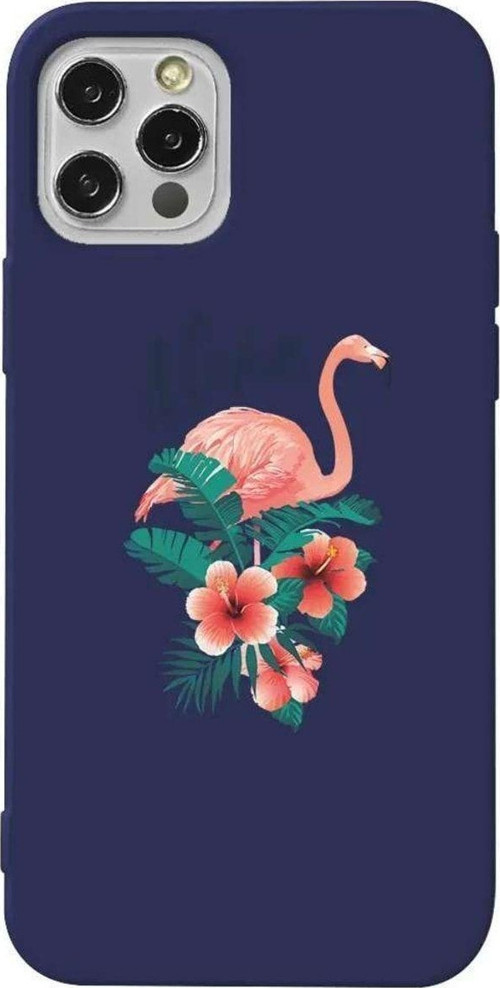 İphone 14 Pro Lacivert Renkli Silikon Telefon Kılıfı - Aloha Flamingo