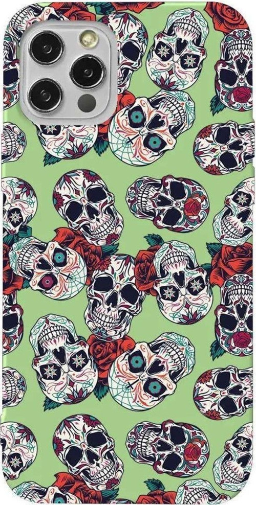 İphone 14 Pro Max Açik Yesil Renkli Silikon Telefon Kılıfı - Death And Roses