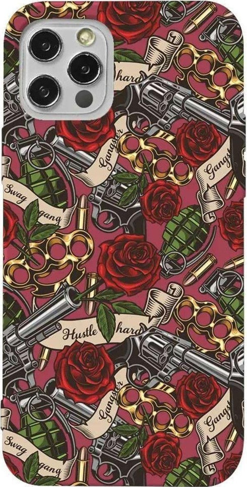 İphone 14 Pro Max Bordo Renkli Silikon Telefon Kılıfı - Rose And Gun