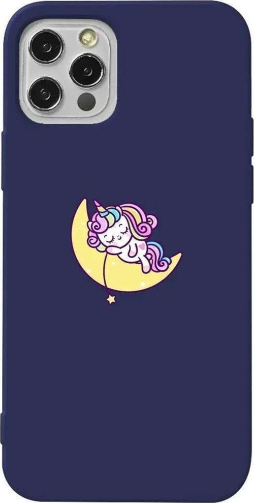 İphone 14 Pro Max Lacivert Renkli Silikon Telefon Kılıfı - Sleepy Unicorn