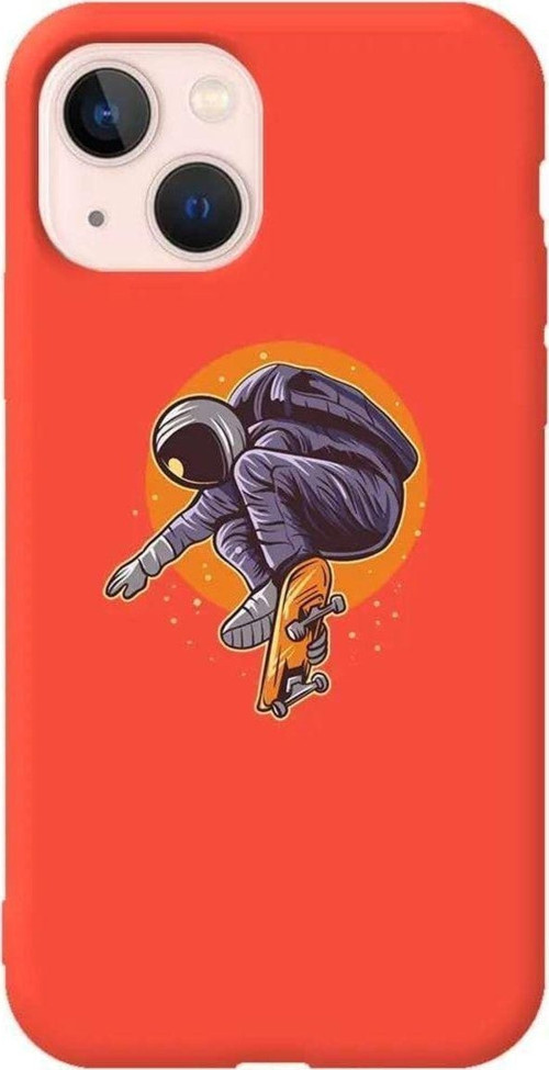 İphone 14 Turuncu Renkli Silikon Telefon Kılıfı - Astronot 2