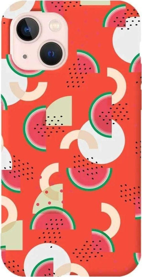 İphone 14 Turuncu Renkli Silikon Telefon Kılıfı - Karpuz Pattern