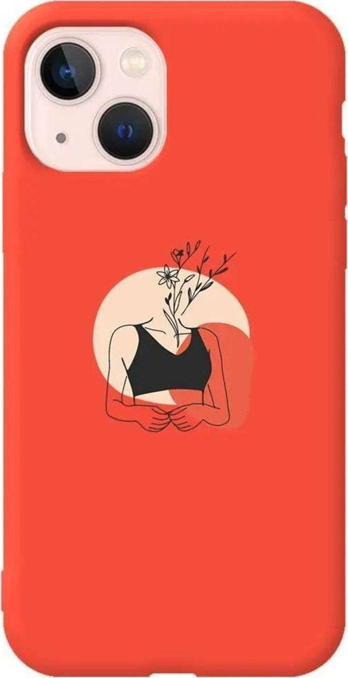 İphone 14 Turuncu Renkli Silikon Telefon Kılıfı - Flower Girl