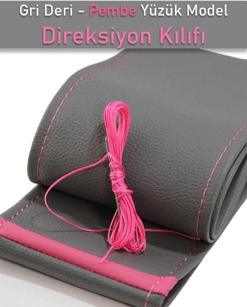 Mini Oto Modellerine Uyumlu Gri Deri Pembe Yüzüklü Dikişli Direksiyon Kılıfı