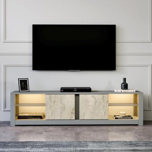 Aydos Işıklı, Cam Raflı Tv Ünitesi Gri/Traverten, Kapaklı Tv Sehpası, Ev-Ofis