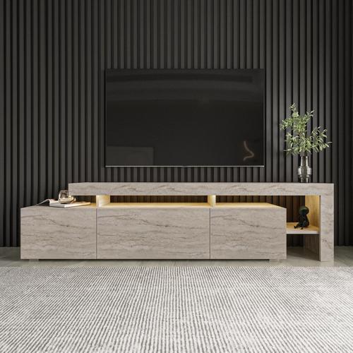 Beliz Modern LED Işıklı 3 Kapaklı, Raflı TV Sehpası – 192 cm, Traverten Desen