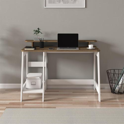 Country Ergonomik Çalışma Masası, Modern Bilgisayar Masası - Beyaz/Antik Ceviz