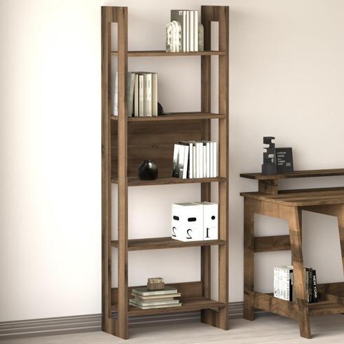 Country Dekoratif 5 Raflı Ev-ofis Kitaplık, Modern Kütüphane, Antik Ceviz
