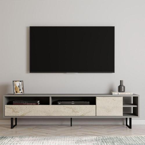 Luga Kapaklı Tv Ünitesi, Tv Sehpası - Metal Siyah Ayak - Gri/Traverten