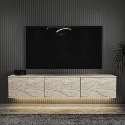 Neon Led Işıklı Duvara Monte, 3 Kapaklı Tv Ünitesi, Tv Sehpası Traverten