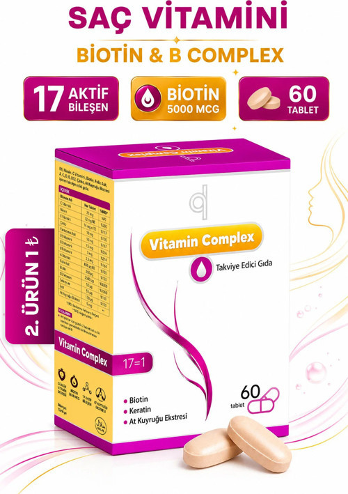 Saç Vitamini - Biotin Tablet B Complex - Saç ve Tırnak İçin Saç Dökülmesine Karşı Vitamin 60 Tablet