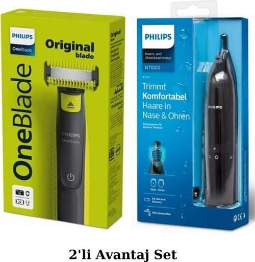 QP2824/10 Oneblade Yüz/Vücut Şekillendirici, NT1650 Burun/Kulak Kıl, Tüy Temizleme 2'li Avan