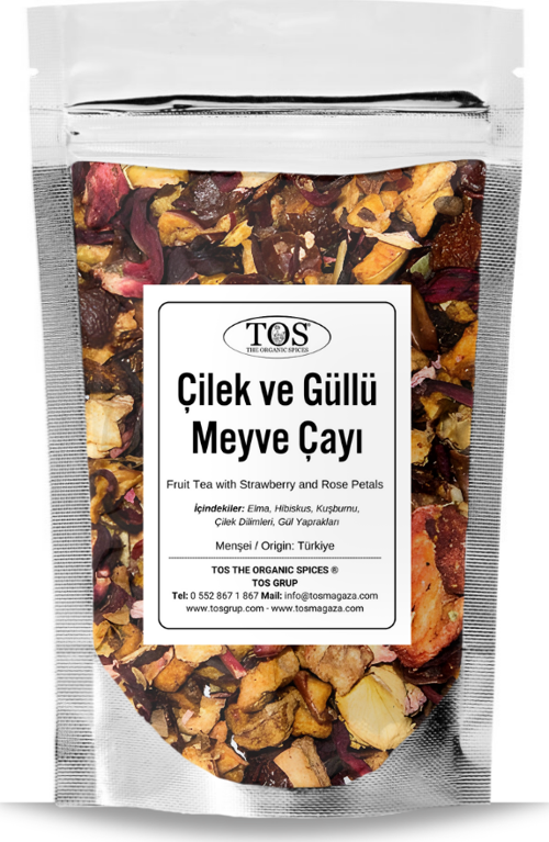 Çilek ve Gül Yapraklı Meyve Çayı 100 gr (1. Kalite) Strawberry and Rose Petal Fruit Tea