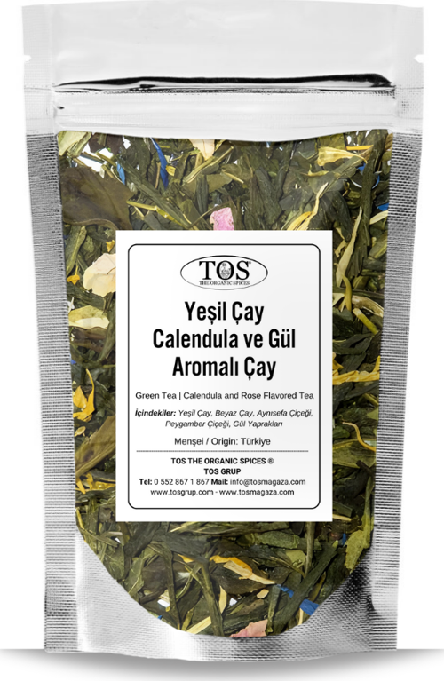 Yeşil Çay | Calendula ve Gül Aromalı Çay 100 gr (1. Kalite) Green Tea | Calendula & Rose Tea