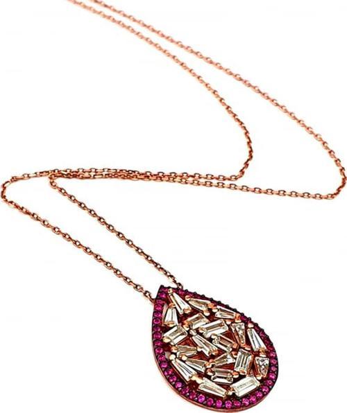Baget kesim zirkon taşlı gümüş rose damla kolye