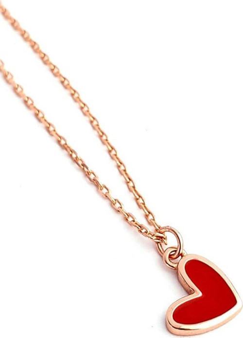Kırmızı Mineli 925ayar Gümüş Rose Minimal Kalp Kolye