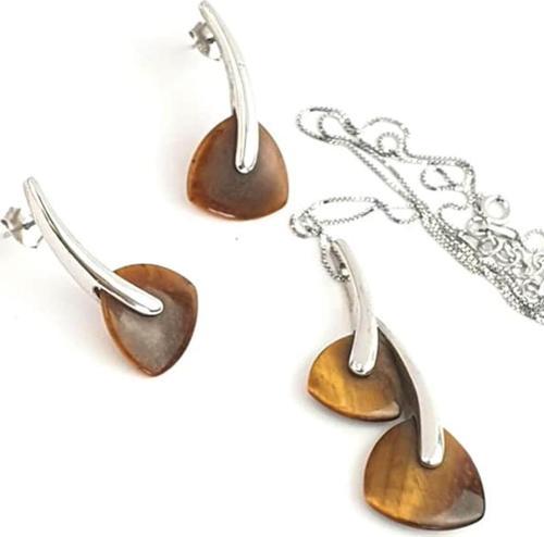 Doğal Kaplan gözü taşlı 925ayar gümüş modern italyan tasarımı set takım 
