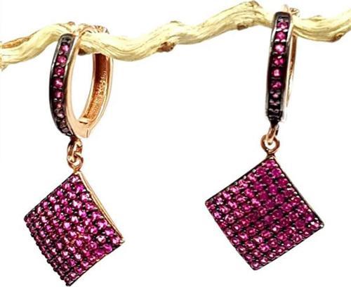 Pembe zirkon taşlı gümüş sallantılı küpe