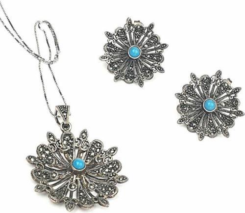Turkuaz taşlı markazit gümüş set takım