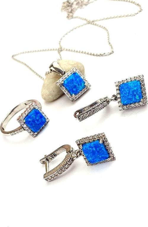Zirkon taş detaylı opal taşlı 925 ayar gümüş ıtalyan set takım