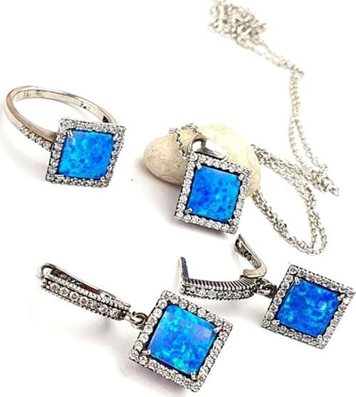 Zirkon taş detaylı opal taşlı italyan 925 ayar gümüş kare set takım 