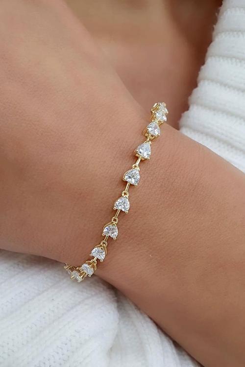 Swarovski Taşlı 925ayar Gümüş Üzerine Altın Kaplama Kalp Su Yolu Bileklik