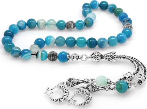 Kararmaz Metal Ayyıldız Püsküllü Küre Kesim Mavi-Beyaz Akik Doğaltaş Tesbih