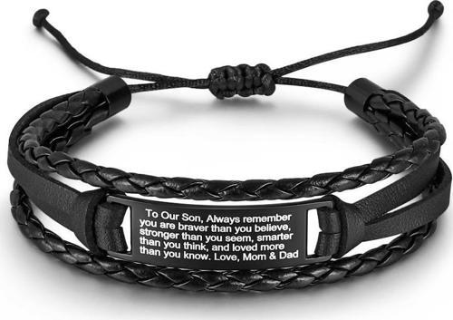 Çok Katmanlı Gerçek Deri Tasarım Çelik Plaka Üzeri Erkek Çocuğa Nasihat Yazılı Erkek Bileklik