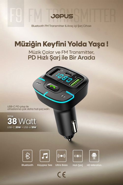 Bluetooth FM Transmitter Araç Kiti, Hızlı Şarj,USB, Type-C, HD Mikrofon