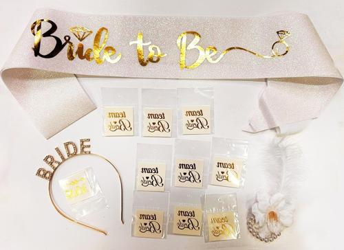 Altın Renk Bride Partisi Taç Kuşak Dövme Bileklik Seti Full 13 Parça