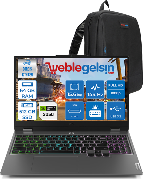 Loq 15IAX9 Intel CoreI5 12450HX 64GB DDR5 512GB SSD 6GB RTX3050 (95W) 15.6" IPS 144Hz FHD Freedos 883GS001TTRF07