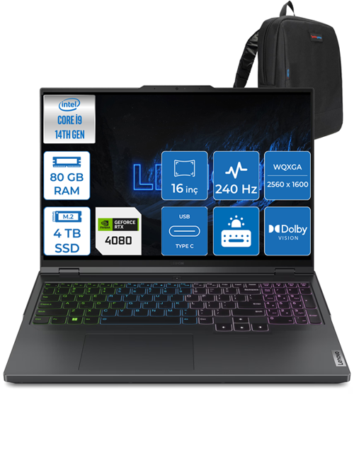Legion Pro 7 I9-14900HX 80GB 2TB+2TB SSD 12GB/RTX4080/175W 16" 240Hz 500NITS Hdr Wqxga Freedos L83DE002WTR19