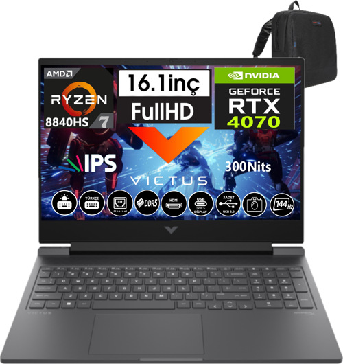 Victus 16-S1035NT Amd RYZEN7-8840HS 32GB Ddr5 512GB SSD 8GB/RTX4070 WINDOWS11HOME 16" 144 Hz Fhd IPS Taşınabilir Bilgisayar WA1UZ2EA25 + Weblegelsin Çanta