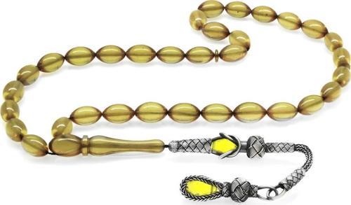 1000 Ayar Gümüş Kazaz Püsküllü Arpa Kesim Sarı Ateş Kehribar Tesbih