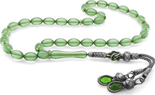 1000 Ayar Gümüş Kazaz Püsküllü Arpa Kesim Su Yeşili Ateş Kehribar Tesbih