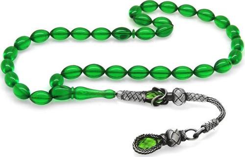 1000 Ayar Gümüş Kazaz Püsküllü Arpa Kesim Zümrüt Yeşil Ateş Kehribar Tesbih