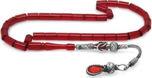 1000 Ayar Gümüş Kazaz Püsküllü Kesme Kesim Bayrak Kırmızısı Ateş Kehribar Tesbih