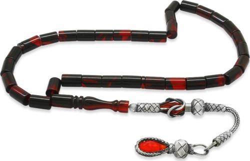 1000 Ayar Gümüş Kazaz Püsküllü Kesme Kesim Kırmızı-Siyah Ateş Kehribar Tesbih