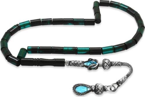 1000 Ayar Gümüş Kazaz Püsküllü Kesme Kesim Petrol Yeşili-Siyah Ateş Kehribar Tesbih