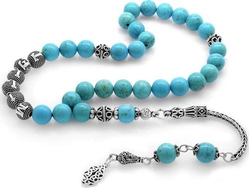 925 Ayar Gümüş Arma Püsküllü Küre Kesim İsim Yazılı Turkuaz Doğaltaş Tesbih