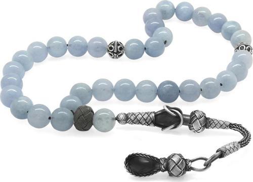 1000 Ayar Gümüş Kazaz Püsküllü Küre Kesim Aquamarin Doğaltaş Tesbih