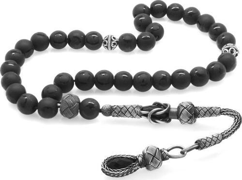 1000 Ayar Gümüş Kazaz Püsküllü Küre Kesim Ayyıldız Desenli Oniks Doğaltaş Tesbih