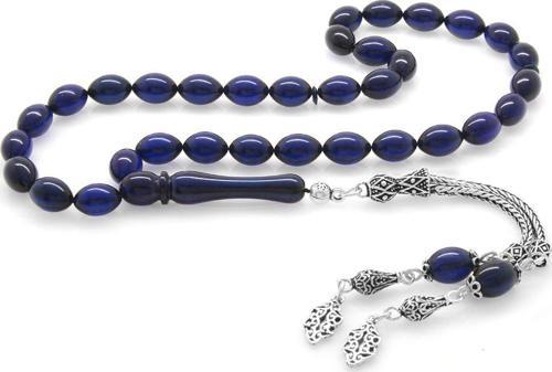 925 Ayar Gümüş Çift Püsküllü Arpa Kesim Lacivert Sıkma Kehribar Tesbih